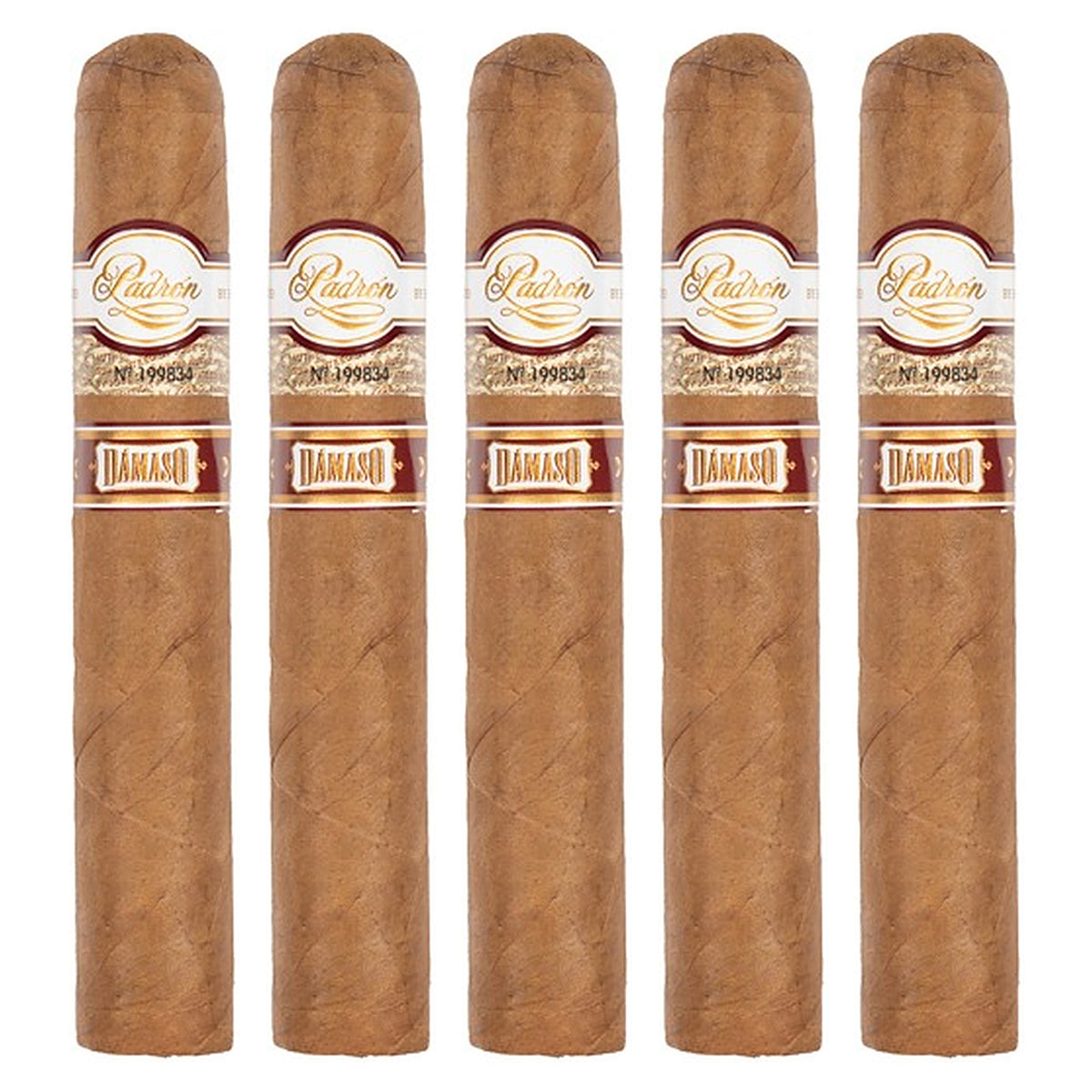 Five Padron Damaso No. 32 cigars, 5.25 × 52, lined up side by side