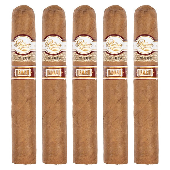 Five Padron Damaso No. 32 cigars, 5.25 × 52, lined up side by side