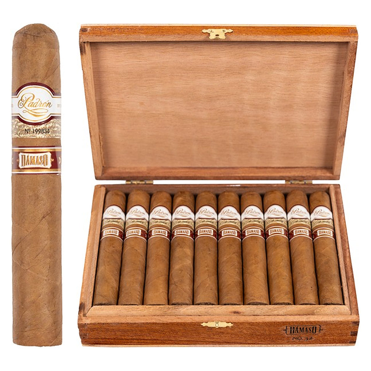 Padron Damaso No. 32 cigar, 5.25 × 52, with Ecuadorian Connecticut wrapper, beside its open box of 20