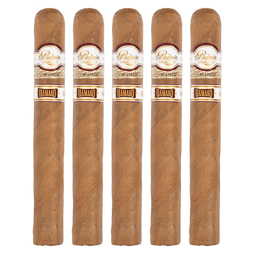 Five Padron Damaso No. 34 cigars, 6 × 52, lined up side by side