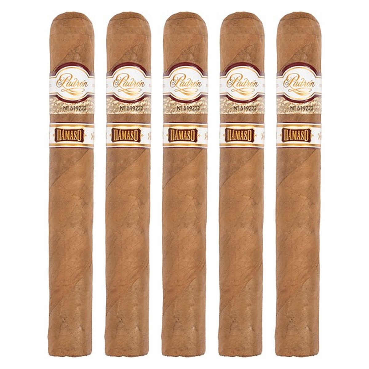 Five Padron Damaso No. 34 cigars, 6 × 52, lined up side by side