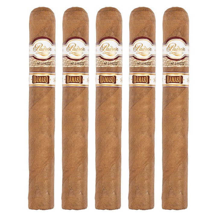 Five Padron Damaso No. 34 cigars, 6 × 52, lined up side by side