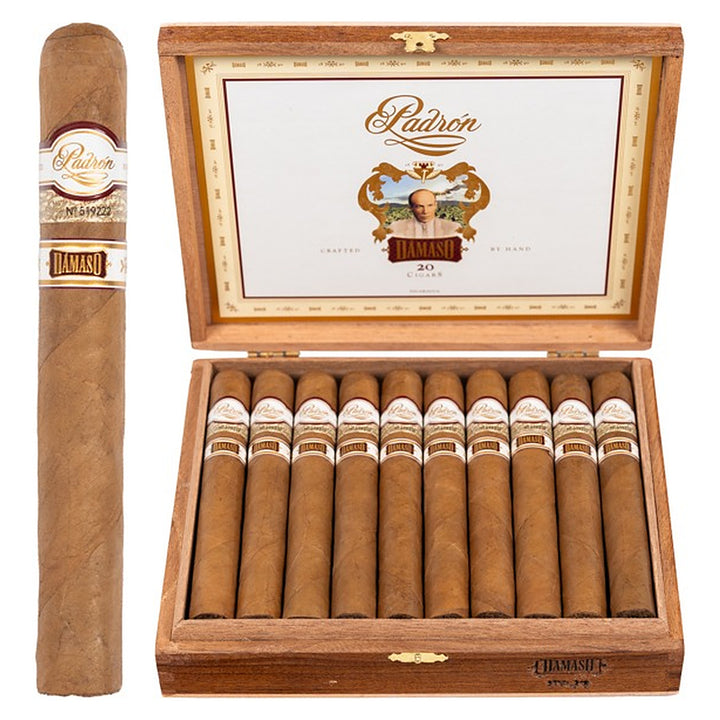 Padron Damaso No. 34 cigar, 6 × 52, with Ecuadorian Connecticut wrapper, beside its open box of 20