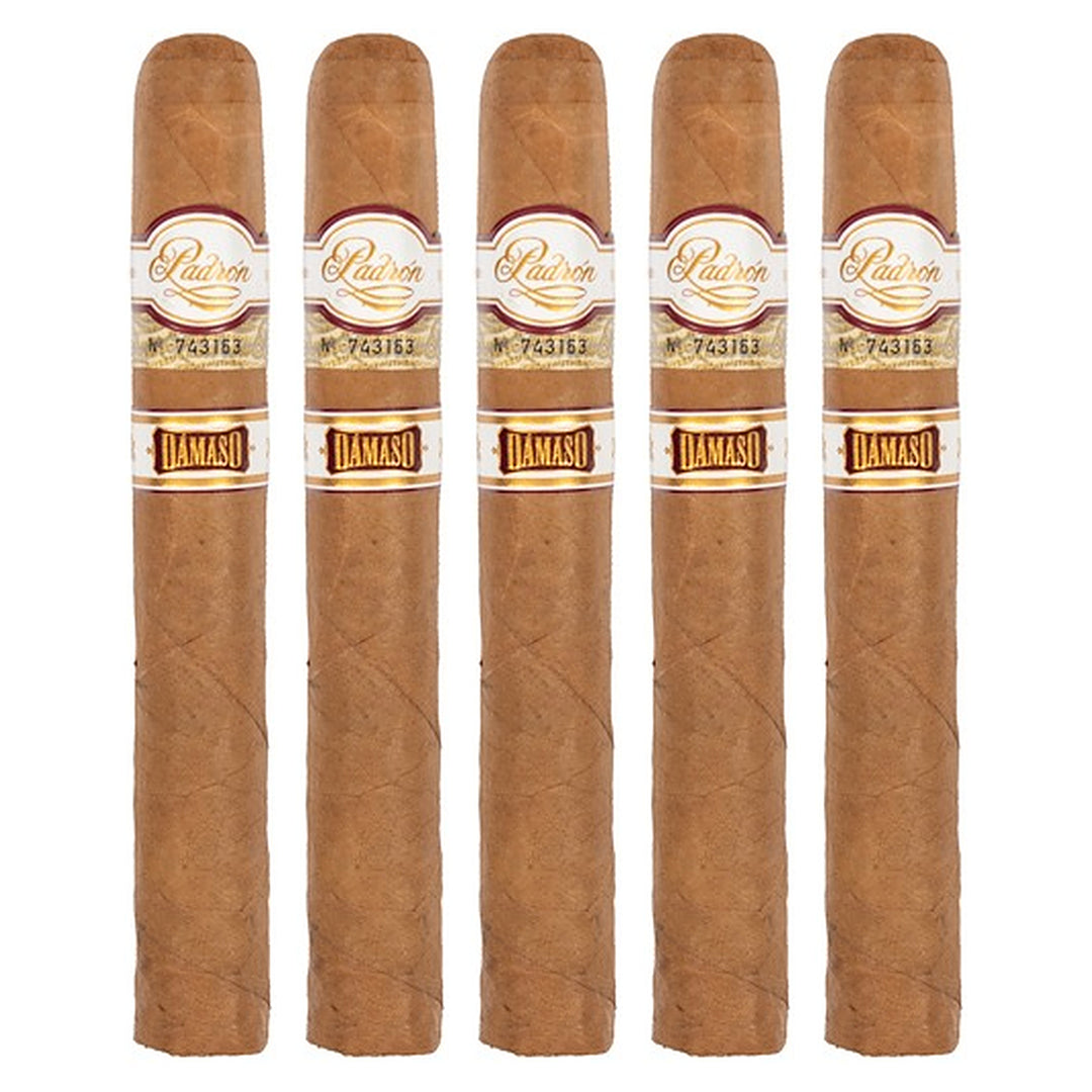 Five Padron Damaso No. 8 cigars, 5.5 × 46, lined up side by side