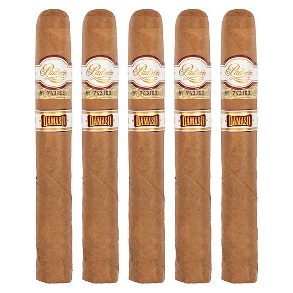 Five Padron Damaso No. 8 cigars, 5.5 × 46, lined up side by side