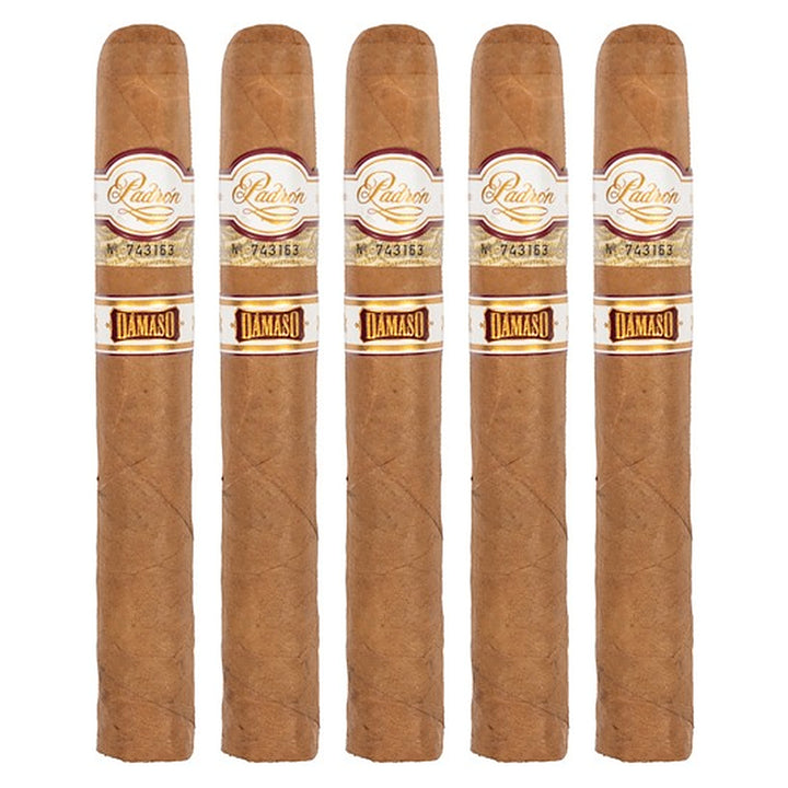 Five Padron Damaso No. 8 cigars, 5.5 × 46, lined up side by side