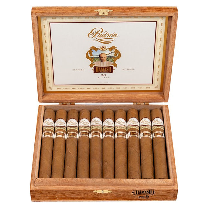 Open box of 20 Padron Damaso No. 8 cigars