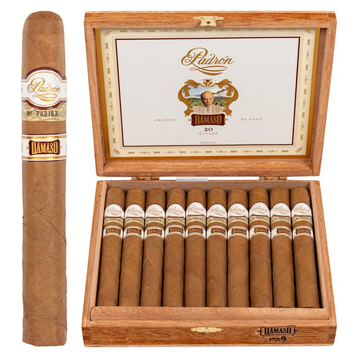 Padron Damaso No. 8 cigar, 5.5 × 46, with Ecuadorian Connecticut wrapper, beside its open box of 20