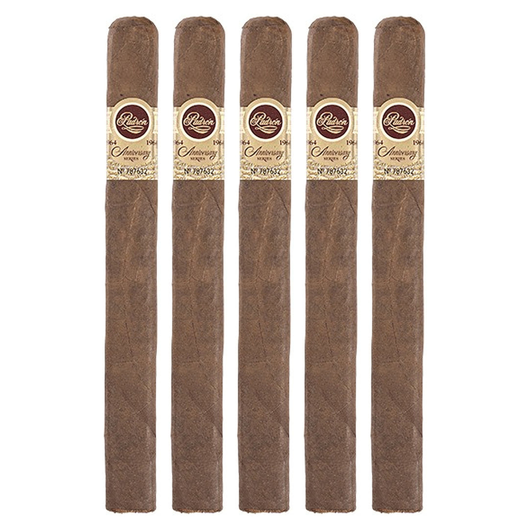 Five Padron 1964 Anniversary Series Diplomatico Maduro cigars, 7 × 50, lined up side by side