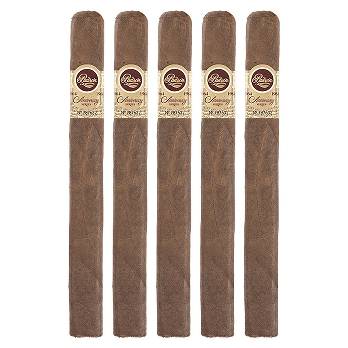 Five Padron 1964 Anniversary Series Diplomatico Maduro cigars, 7 × 50, lined up side by side