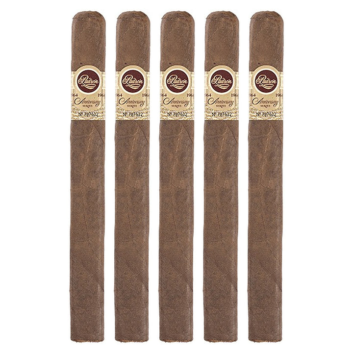 Five Padron 1964 Anniversary Series Diplomatico Maduro cigars, 7 × 50, lined up side by side