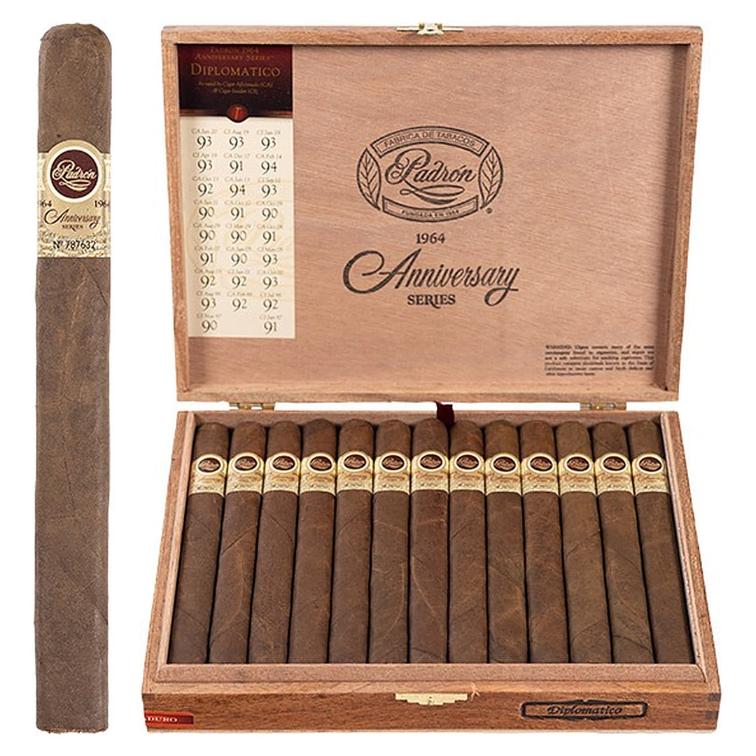 Padron 1964 Anniversary Series Diplomatico Maduro cigar, 7 × 50, with Nicaraguan maduro wrapper, beside its open box of 25