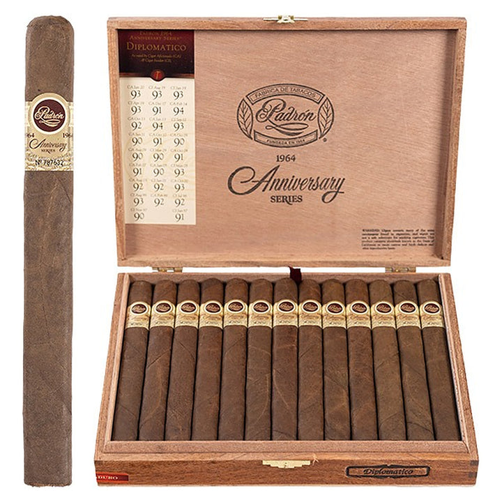 Padron 1964 Anniversary Series Diplomatico Maduro cigar, 7 × 50, with Nicaraguan maduro wrapper, beside its open box of 25
