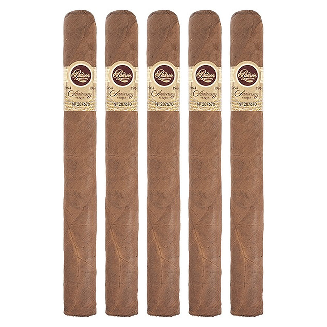 Five Padron 1964 Anniversary Series Diplomatico Natural cigars, 7 × 50, lined up side by side