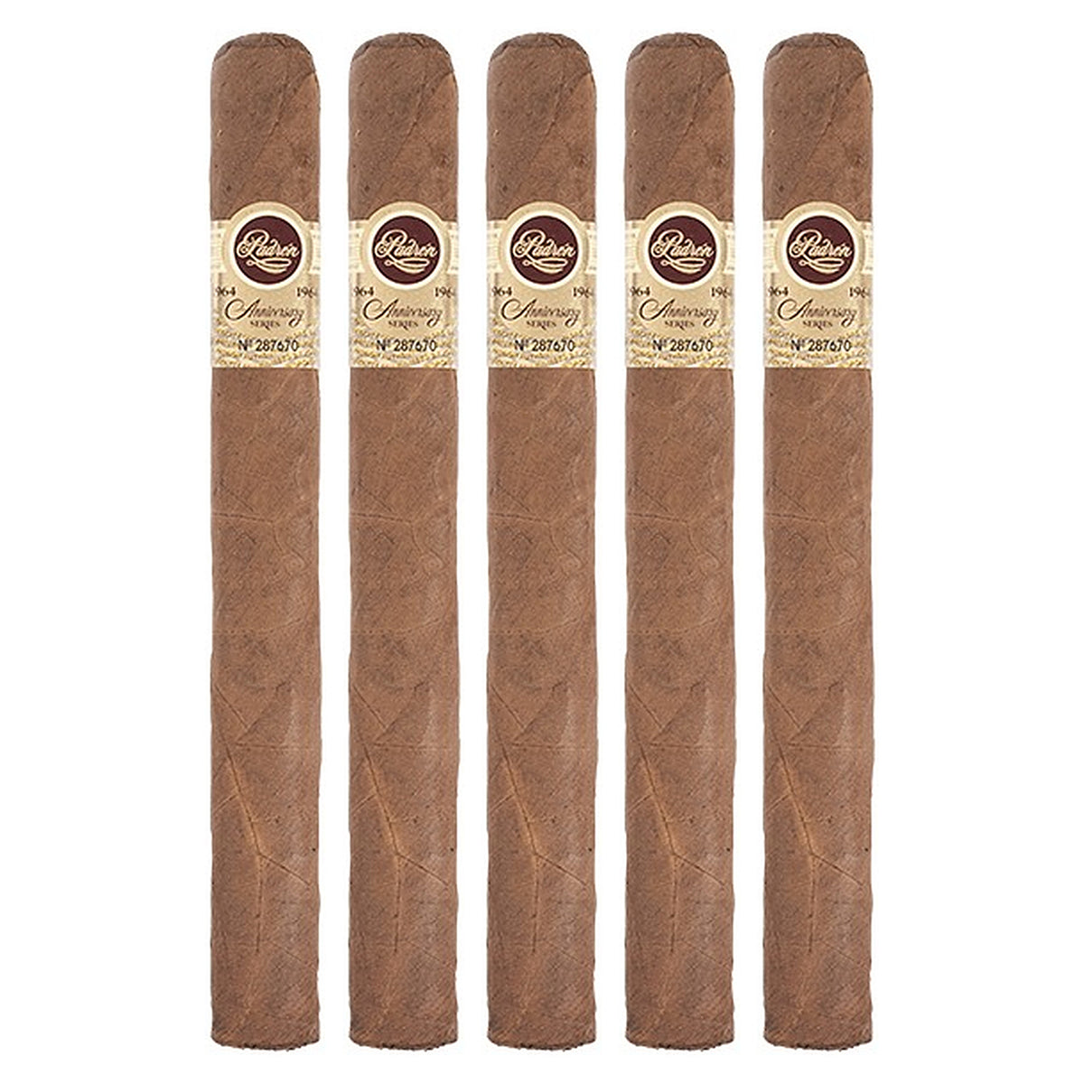 Five Padron 1964 Anniversary Series Diplomatico Natural cigars, 7 × 50, lined up side by side