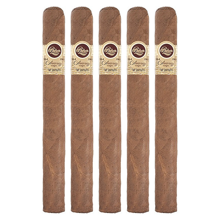 Five Padron 1964 Anniversary Series Diplomatico Natural cigars, 7 × 50, lined up side by side