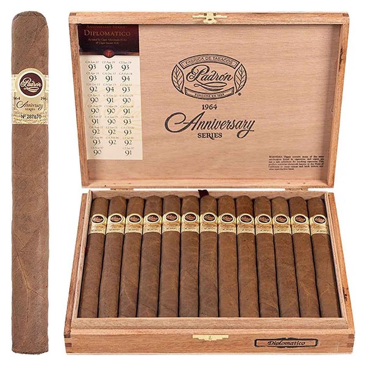 Padron 1964 Anniversary Series Diplomatico Natural cigar, 7 × 50, with Nicaraguan natural wrapper, beside its open box of 25