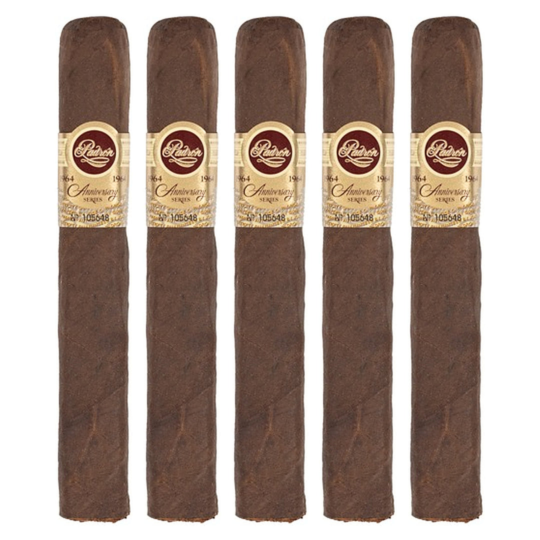 Five Padron 1964 Anniversary Series Exclusivo Maduro cigars, 5.5 × 50, lined up side by side