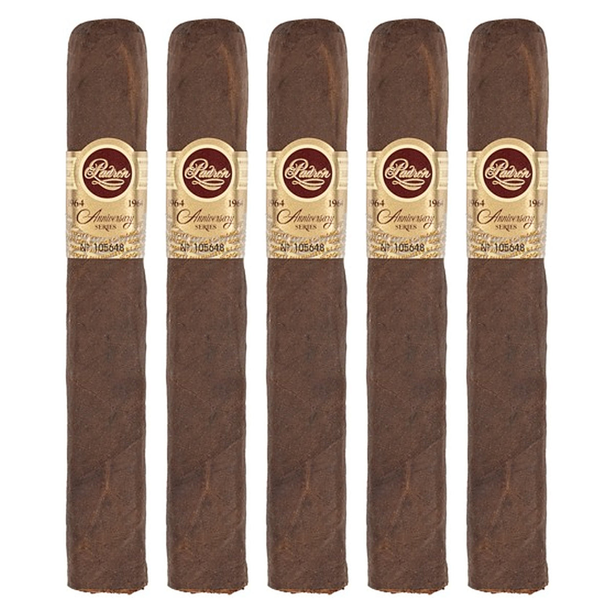 Five Padron 1964 Anniversary Series Exclusivo Maduro cigars, 5.5 × 50, lined up side by side