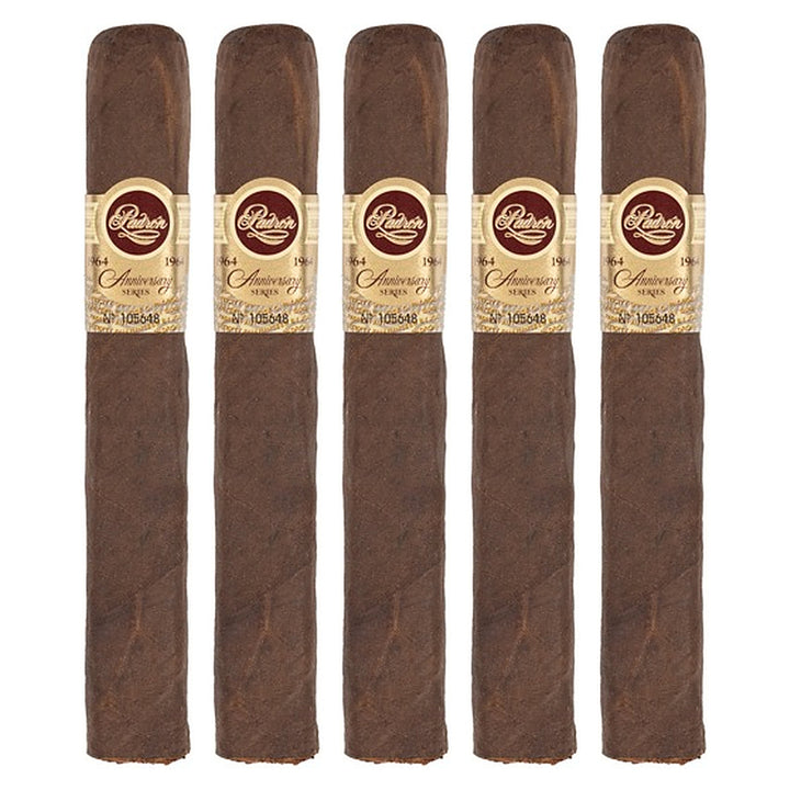 Five Padron 1964 Anniversary Series Exclusivo Maduro cigars, 5.5 × 50, lined up side by side