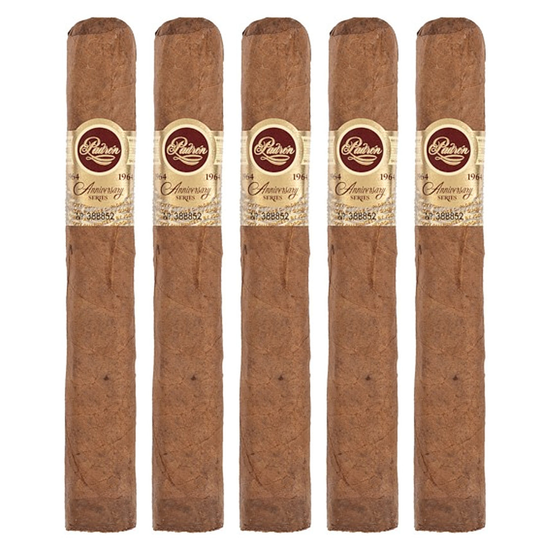 Five Padron 1964 Anniversary Series Exclusivo Natural cigars, 5.5 × 50, lined up side by side