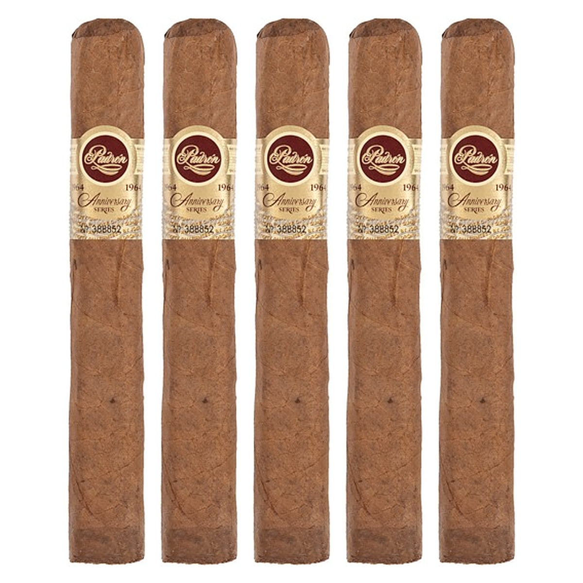 Five Padron 1964 Anniversary Series Exclusivo Natural cigars, 5.5 × 50, lined up side by side