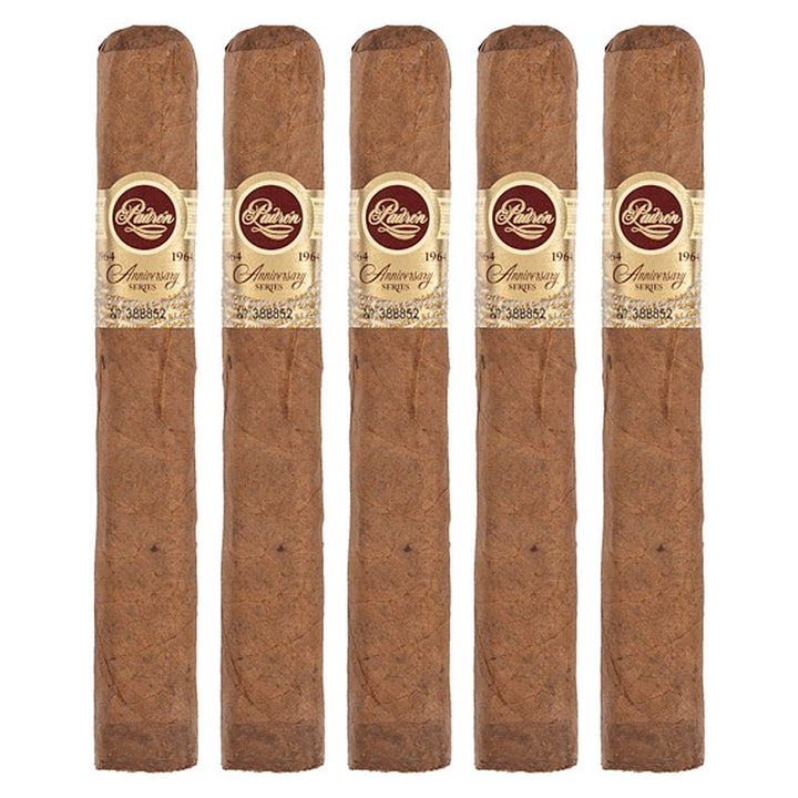 Five Padron 1964 Anniversary Series Exclusivo Natural cigars, 5.5 × 50, lined up side by side