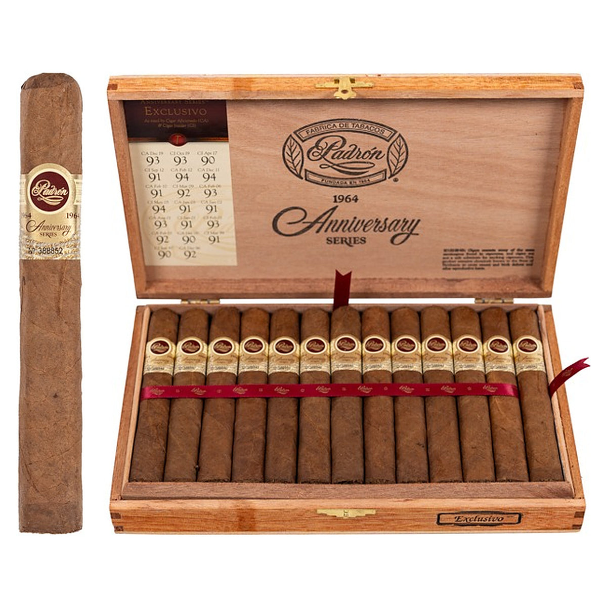 Padron 1964 Anniversary Series Exclusivo Natural cigar, 5.5 × 50, with Nicaraguan natural wrapper, beside its open box of 25