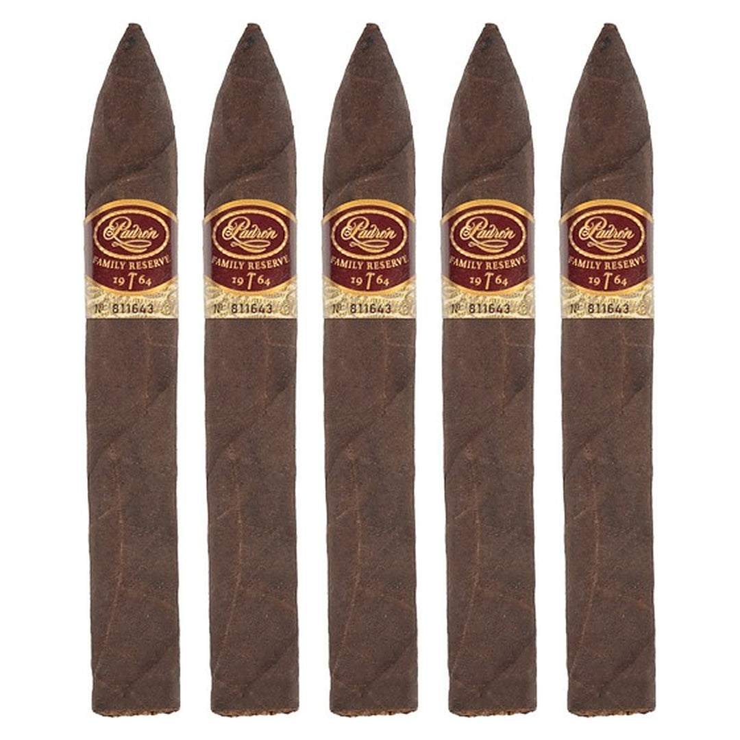 Five Padron Family Reserve No. 44 Maduro cigars, 6 × 52, lined up side by side
