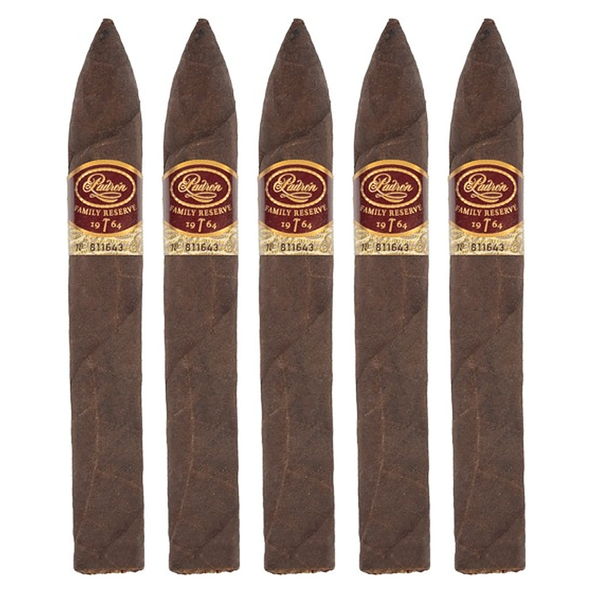 Five Padron Family Reserve No. 44 Maduro cigars, 6 × 52, lined up side by side