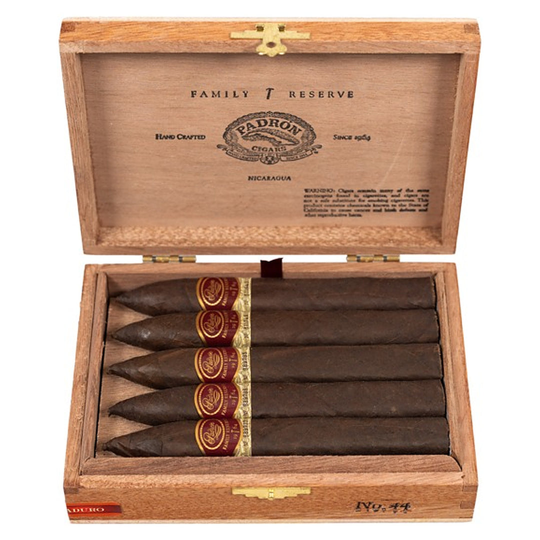 Open box of 10 Padron Family Reserve No. 44 Maduro cigars