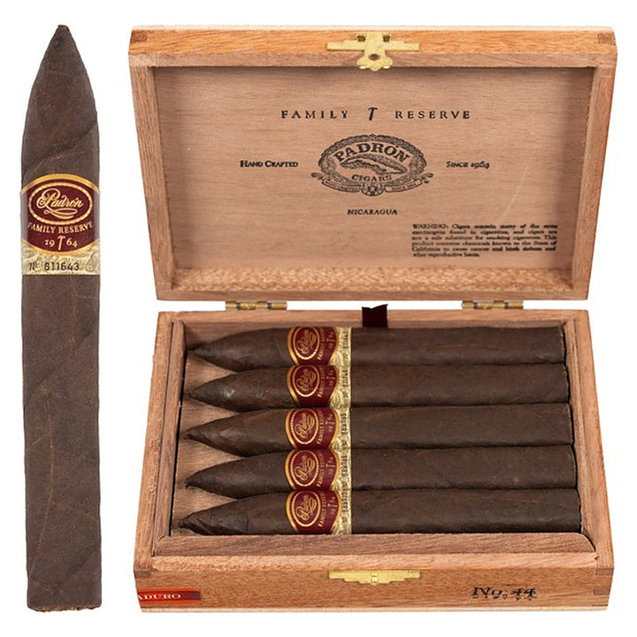 Padron Family Reserve No. 44 Maduro cigar, 6 × 52, with Nicaraguan maduro wrapper, beside its open box of 10