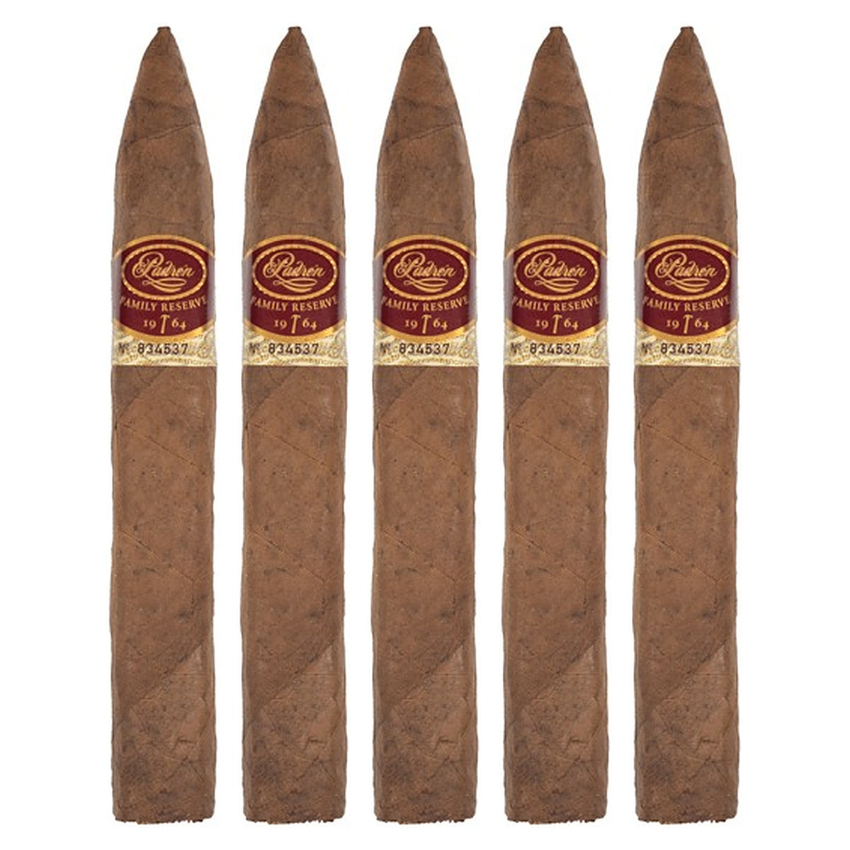Five Padron Family Reserve No. 44 Natural cigars, 6 × 52, lined up side by side