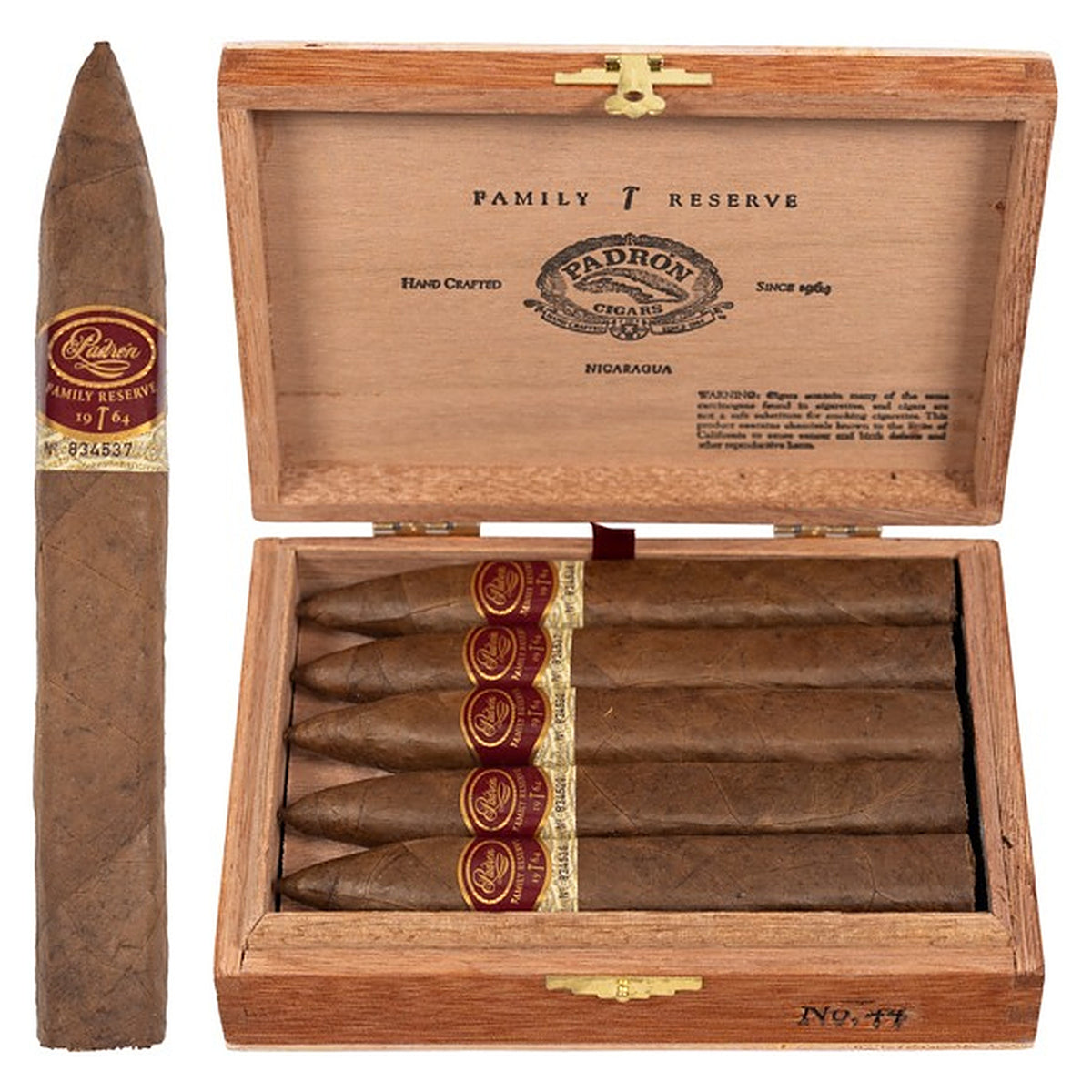 Padron Family Reserve No. 44 Natural cigar, 6 × 52, with Nicaraguan natural wrapper, beside its open box of 10