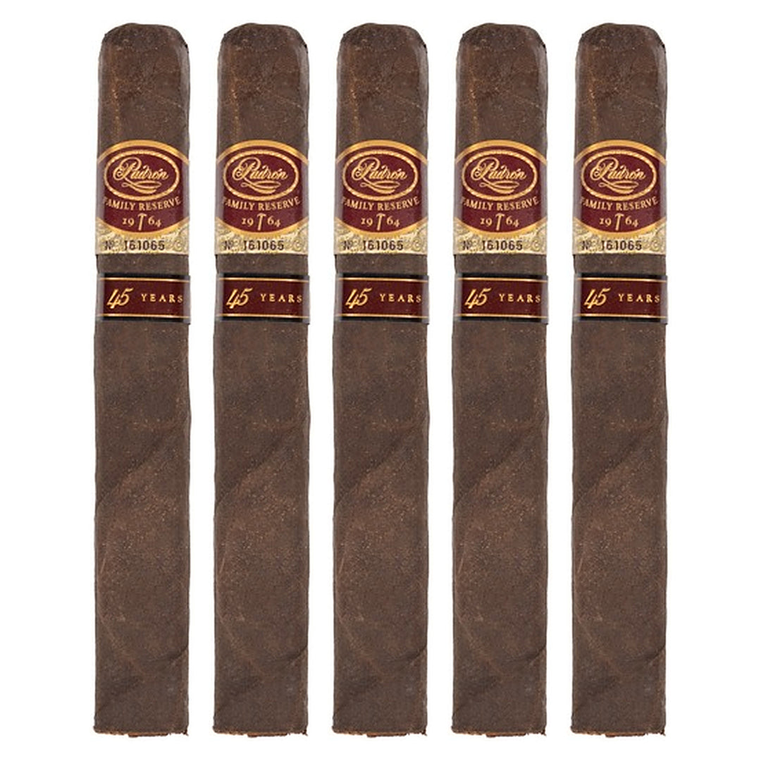 Five Padron Family Reserve No. 45 Maduro cigars, 6 × 52, lined up side by side
