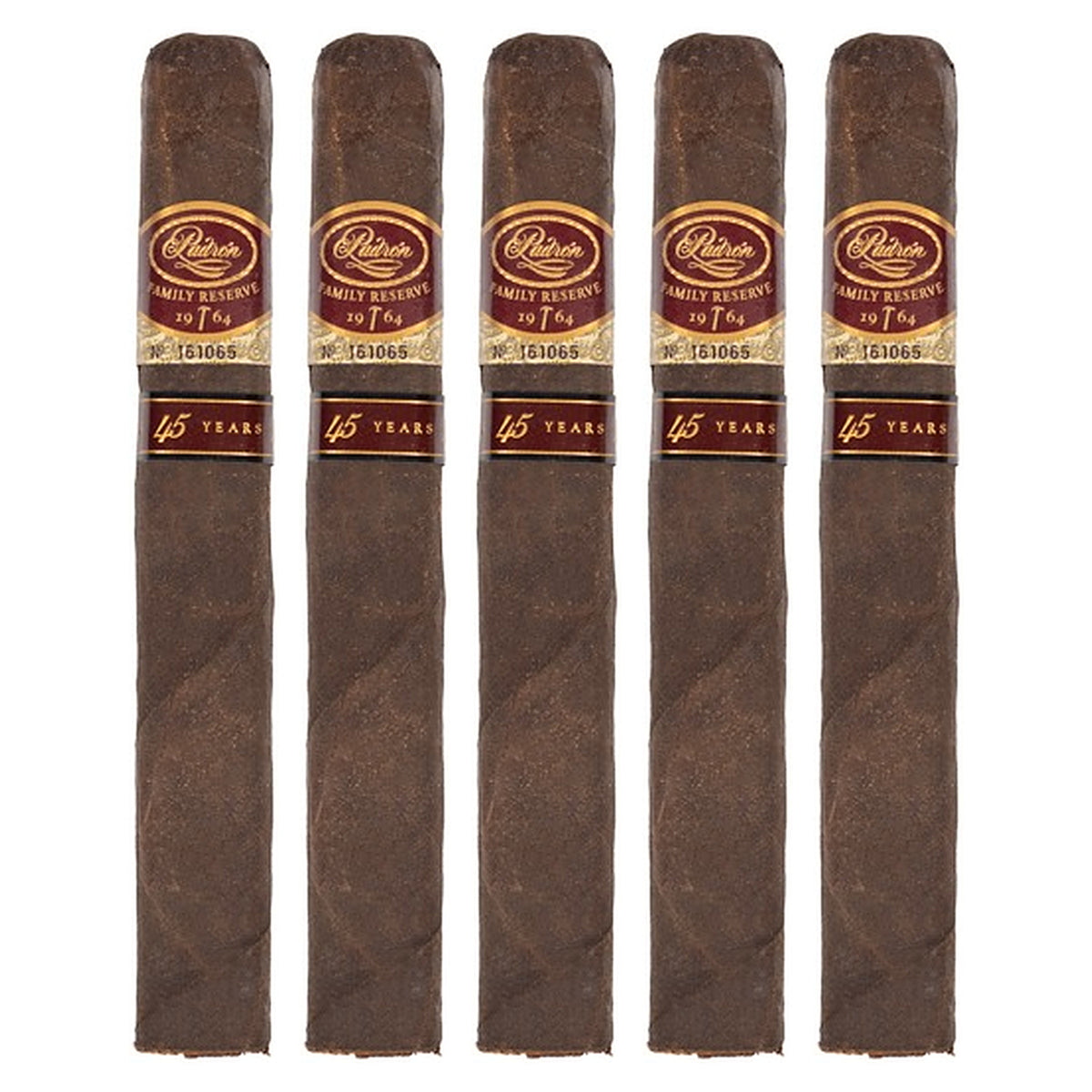 Five Padron Family Reserve No. 45 Maduro cigars, 6 × 52, lined up side by side