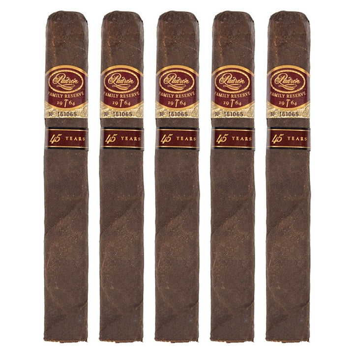 Five Padron Family Reserve No. 45 Maduro cigars, 6 × 52, lined up side by side