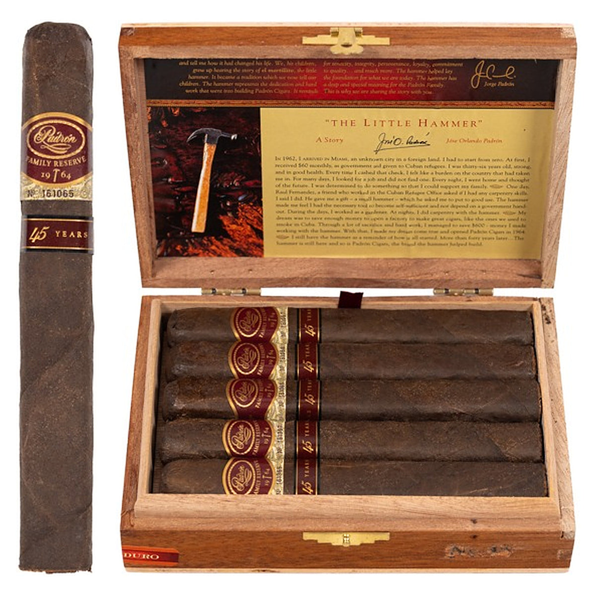 Padron Family Reserve No. 45 Maduro cigar, 6 × 52, with Nicaraguan maduro wrapper, beside its open box of 10