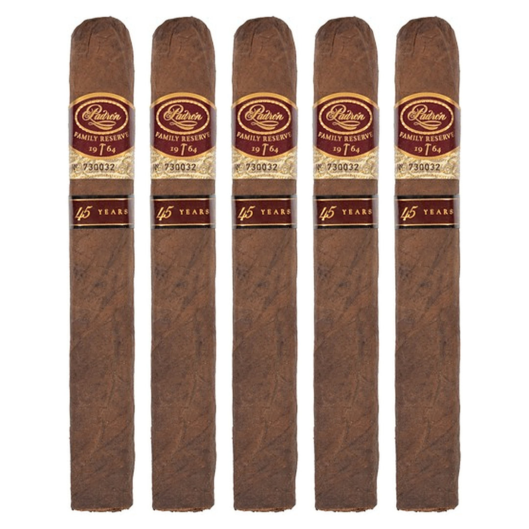 Five Padron Family Reserve No. 45 Natural cigars, 6 × 52, lined up side by side