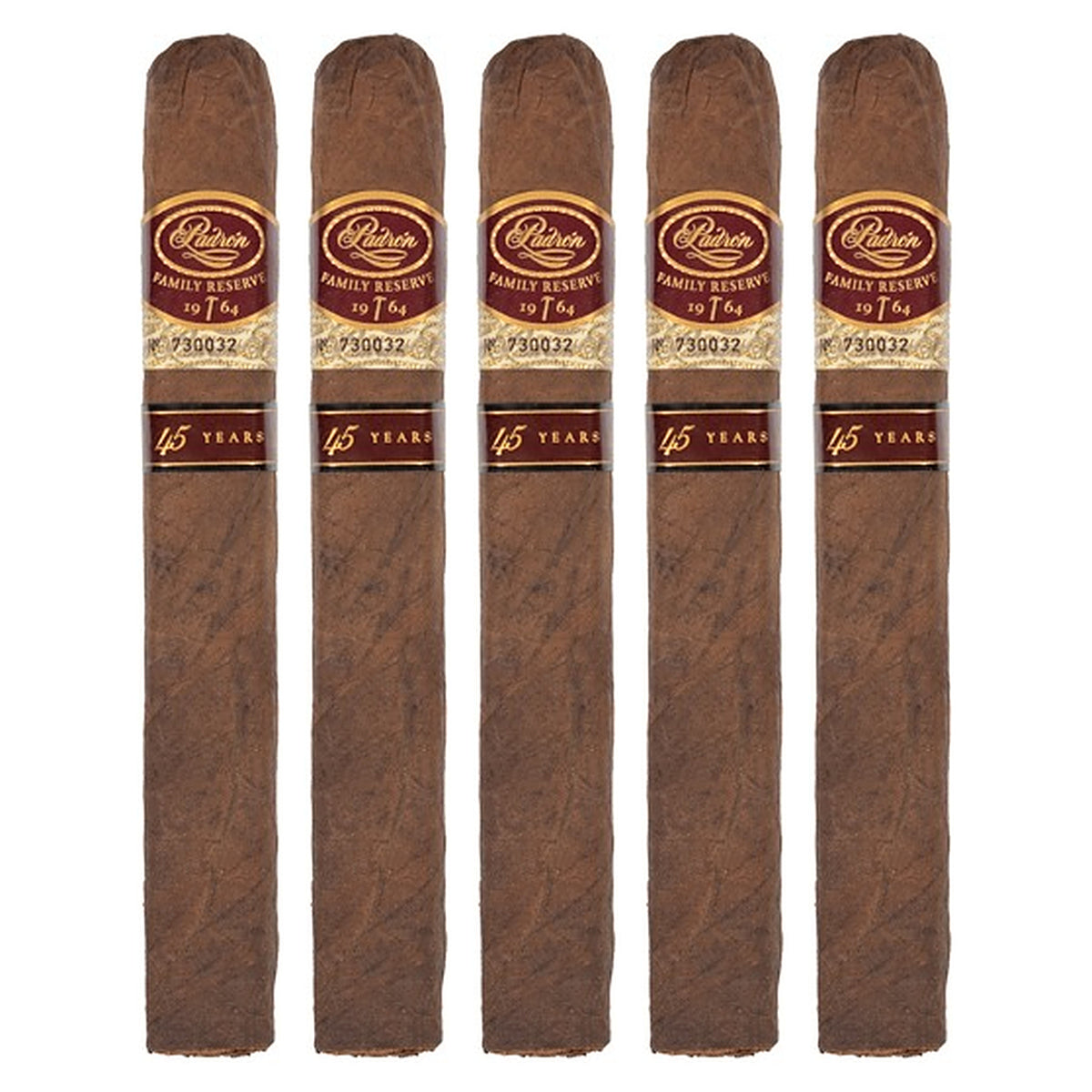 Five Padron Family Reserve No. 45 Natural cigars, 6 × 52, lined up side by side