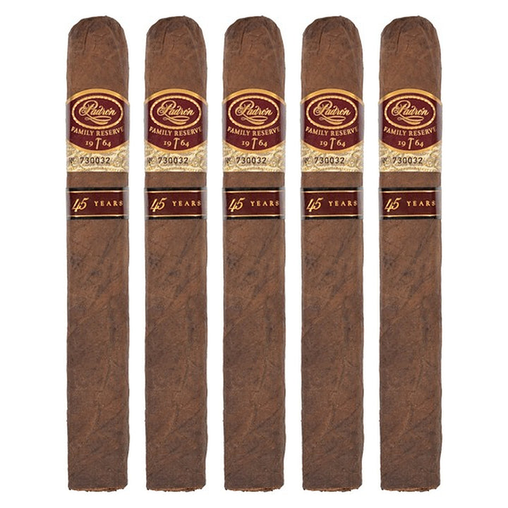 Five Padron Family Reserve No. 45 Natural cigars, 6 × 52, lined up side by side