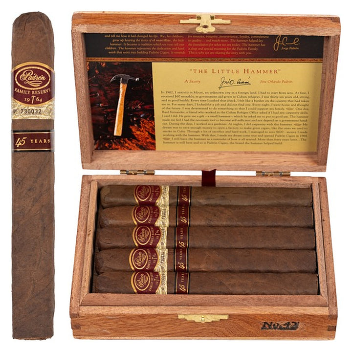 Padron Family Reserve No. 45 Natural cigar, 6 × 52, with Nicaraguan natural wrapper, beside its open box of 10