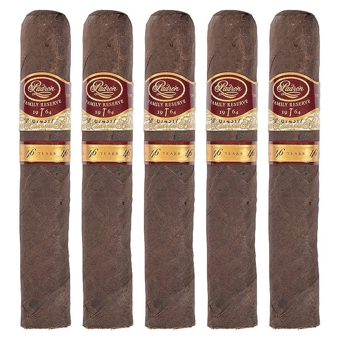 Five Padron Family Reserve No. 46 Maduro cigars, 5.5 × 56, lined up side by side
