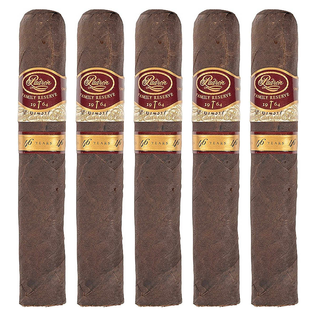 Five Padron Family Reserve No. 46 Maduro cigars, 5.5 × 56, lined up side by side
