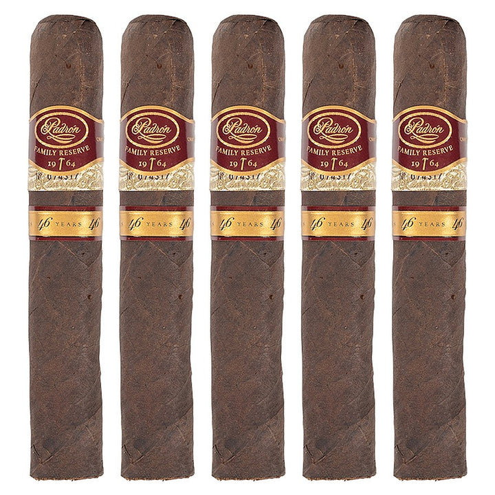Five Padron Family Reserve No. 46 Maduro cigars, 5.5 × 56, lined up side by side