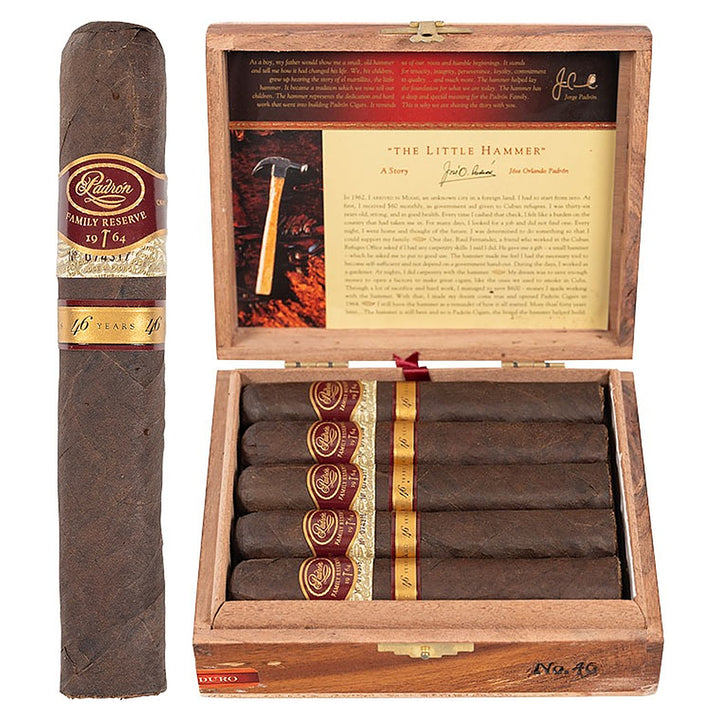 Padron Family Reserve No. 46 Maduro cigar, 5.5 × 56, with Nicaraguan maduro wrapper, beside its open box of 10