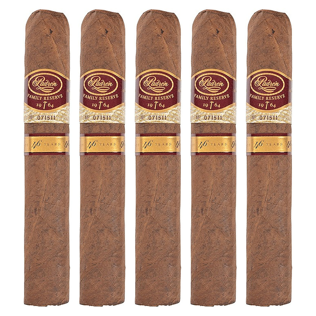 Five Padron Family Reserve No. 46 Natural cigars, 5.5 × 56, lined up side by side