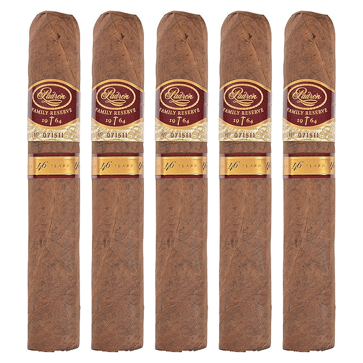 Five Padron Family Reserve No. 46 Natural cigars, 5.5 × 56, lined up side by side