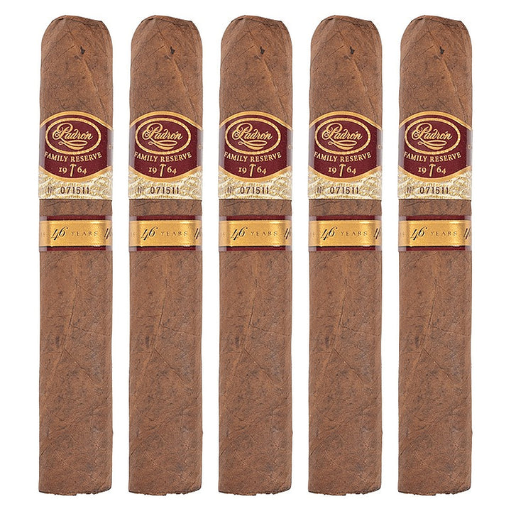 Five Padron Family Reserve No. 46 Natural cigars, 5.5 × 56, lined up side by side