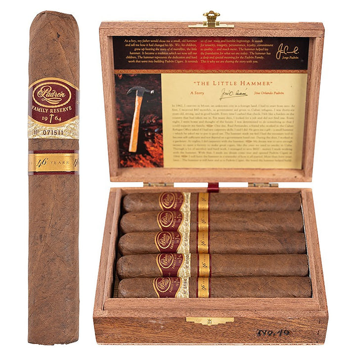 Padron Family Reserve No. 46 Natural cigar, 5.5 × 56, with Nicaraguan natural wrapper, beside its open box of 10